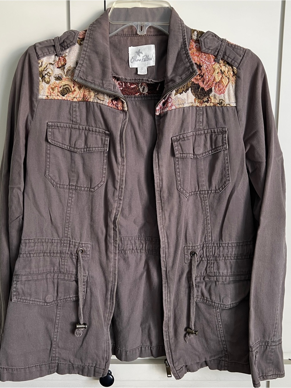 Others Follow Taupe Floral Tapestry Utility Jacket